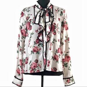 Re:Named Rose Print Ruffled Neck Tie Blouse